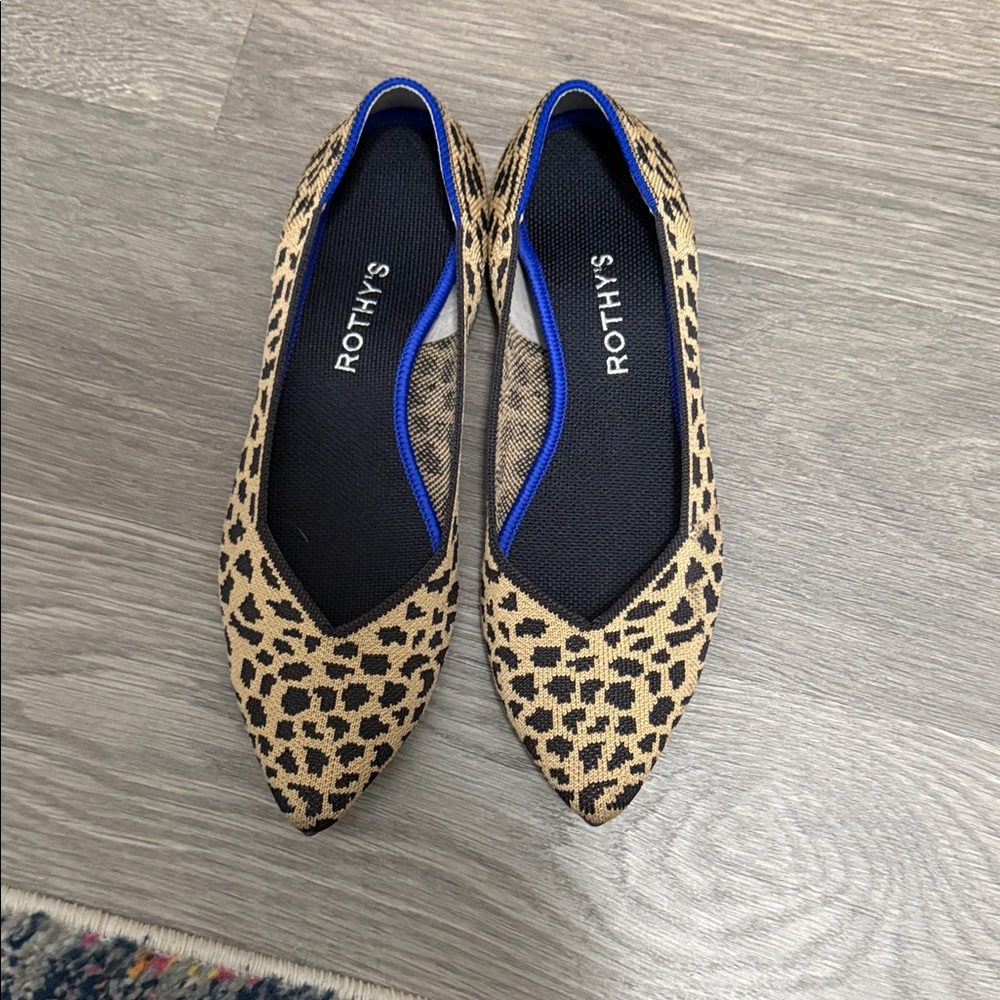 Rothy's Leopard Print Pointed Flats with Blue Trim